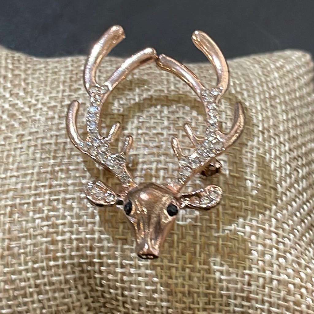 Sad Faced Crystal Reindeer Pin Gold Toned Antlers Covered With Tiny Crystals